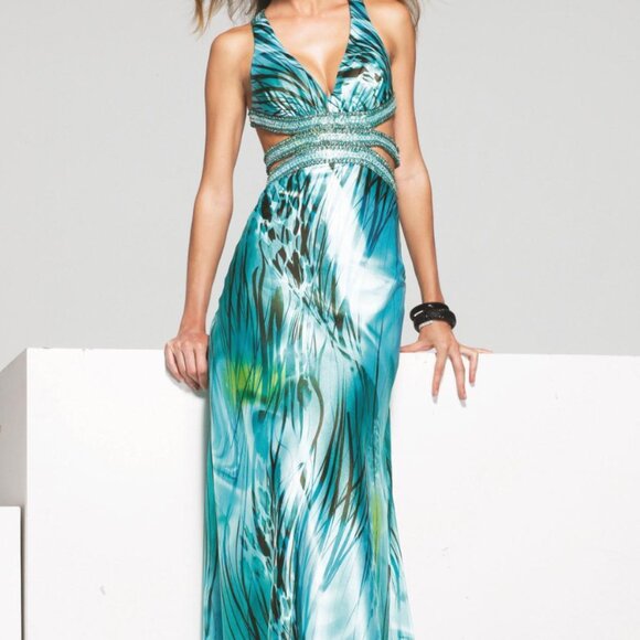 Faviana 6948 Aqua Green Dress, Size 4 – A-Line Gown, Cutouts and Crystal Accents - Picture 1 of 3